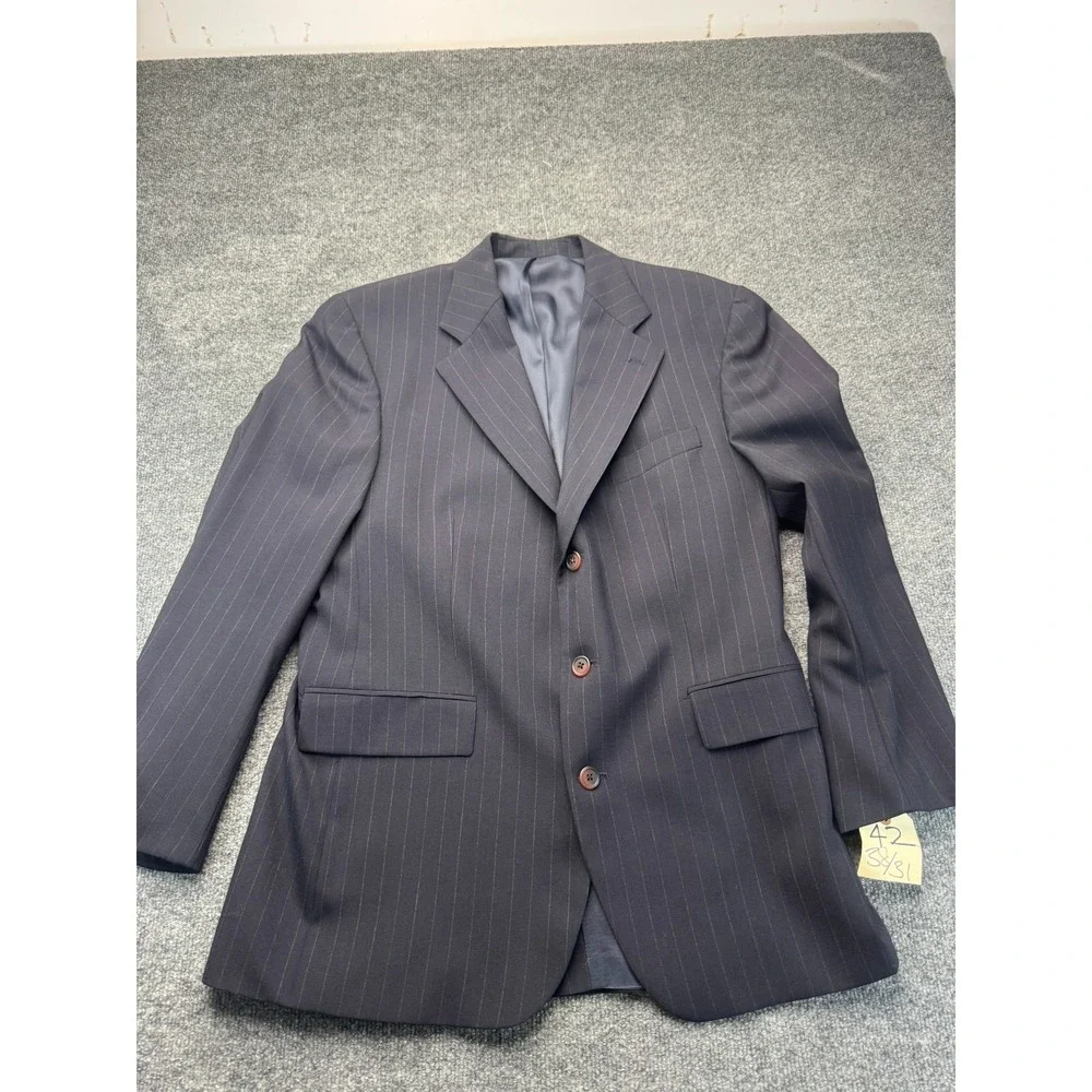 Unbranded Mens Suit 42R 38x31 Navy Pinstripe 3 Button Pleated Trousers Career